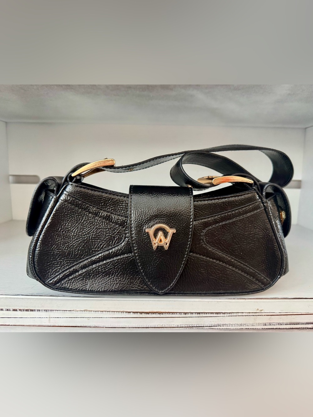 Manc Aurora Micro Black Gold Glossy Calf‎ Leather Shoulder Purse